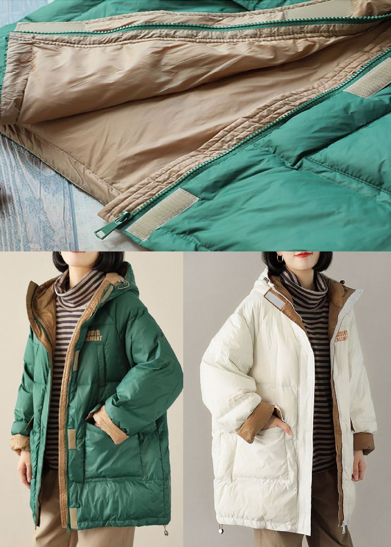 Boho Green Graphic Loose Duck Down Puffer Med Glidelås - Hvit