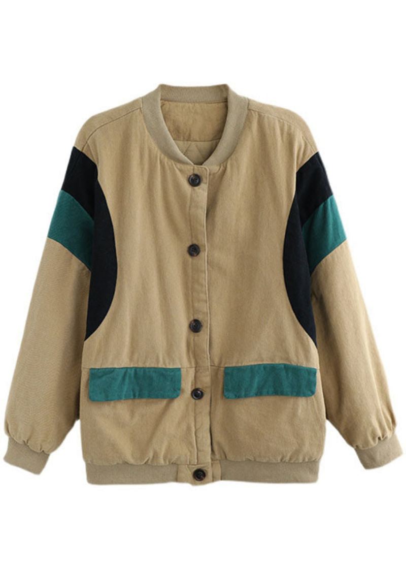 Boho Khaki Lommer Button Patchwork Løs Vinter Tykk Jakke - Khaki