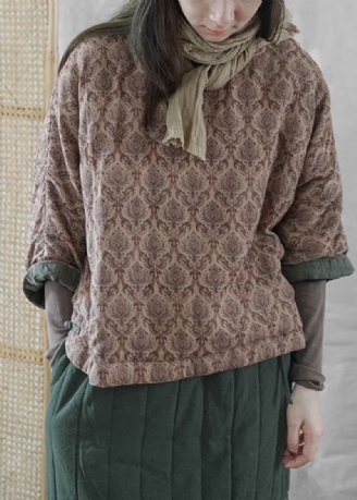 Boho Khaki O Neck Print Kinesisk Knapp Fin Bomull Fylt Topp Vinter