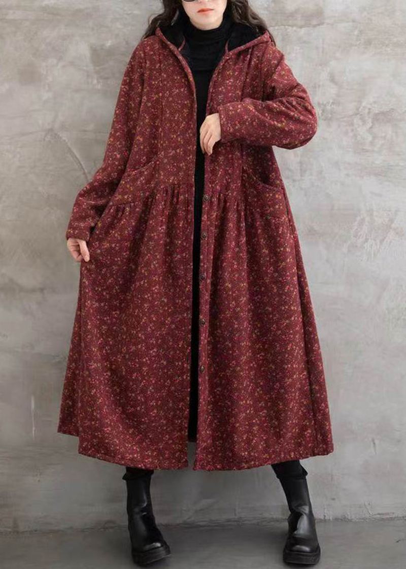 Boho Red Print Lommer Patchwork Varm Fleece Hette Trench Winter