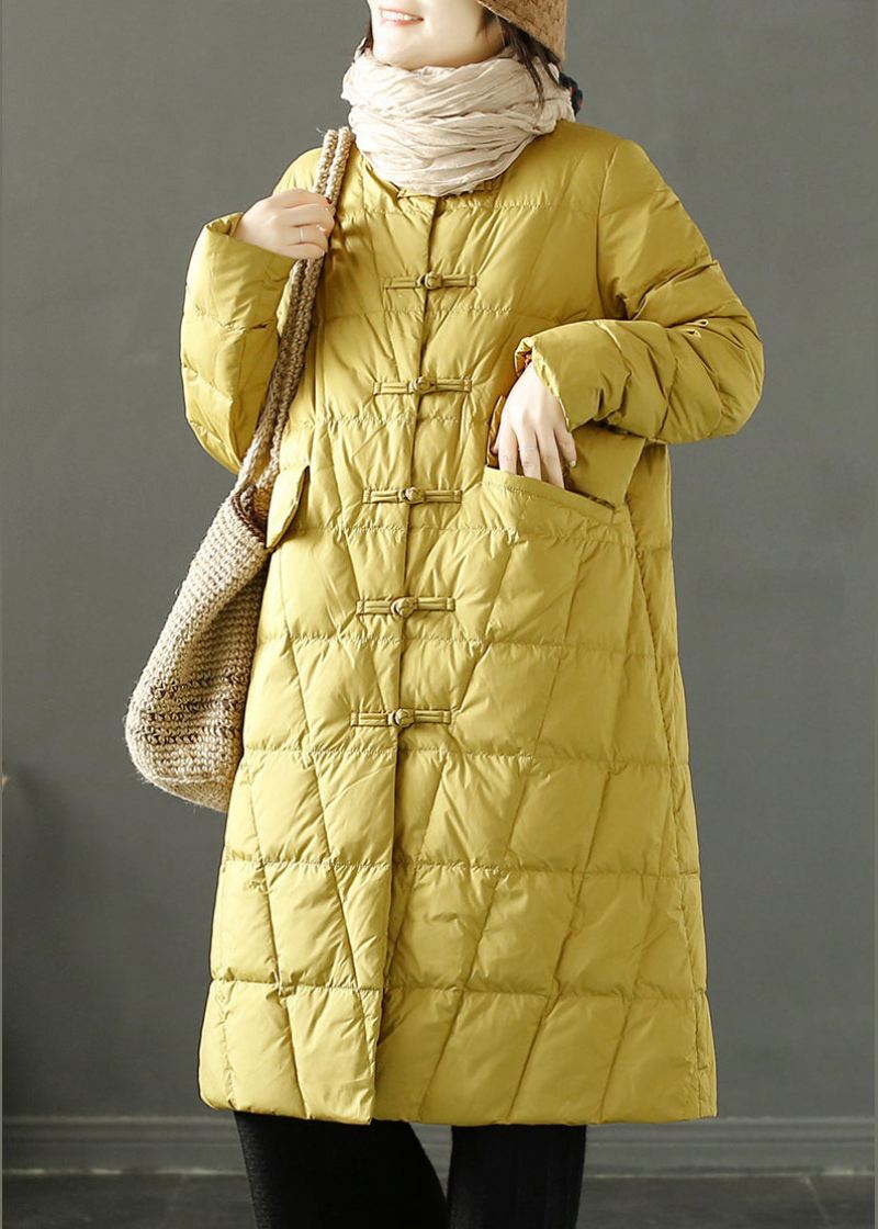 Boho Yellow Chinese Button Oriental Fin Cotton Fylt Witner Coat - Dunjakker for kvinner