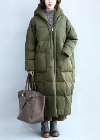 Boutique Army Green Hette Lommer Med Glidelås Duck Down Puffer Coat Vinter