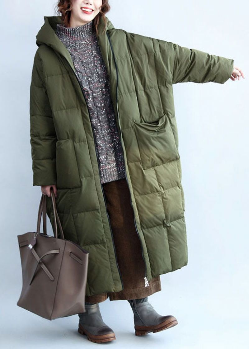 Boutique Army Green Hette Lommer Med Glidelås Duck Down Puffer Coat Vinter - Dunjakker for kvinner