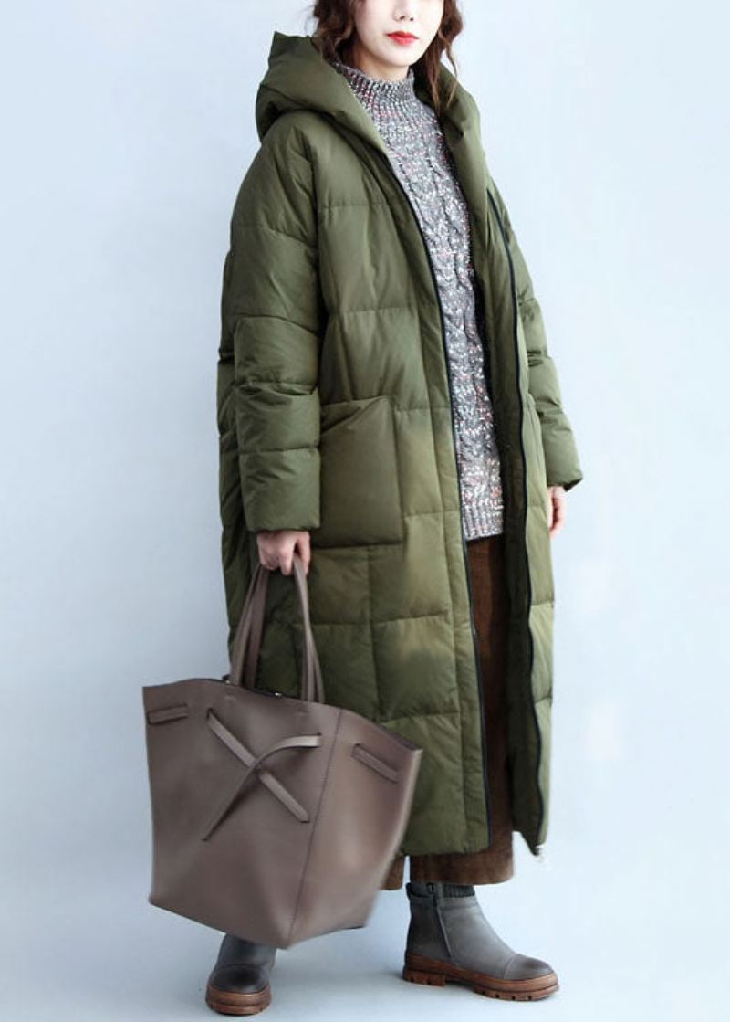 Boutique Army Green Hette Lommer Med Glidelås Duck Down Puffer Coat Vinter - Dunjakker for kvinner