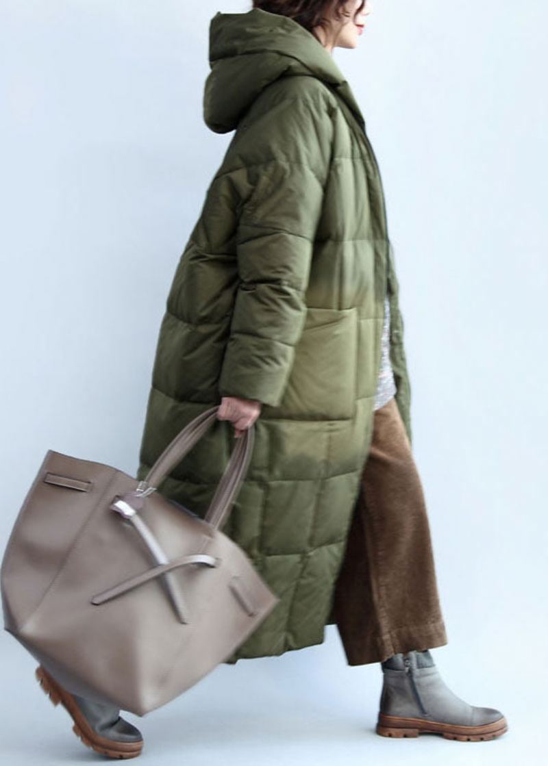 Boutique Army Green Hette Lommer Med Glidelås Duck Down Puffer Coat Vinter - Dunjakker for kvinner