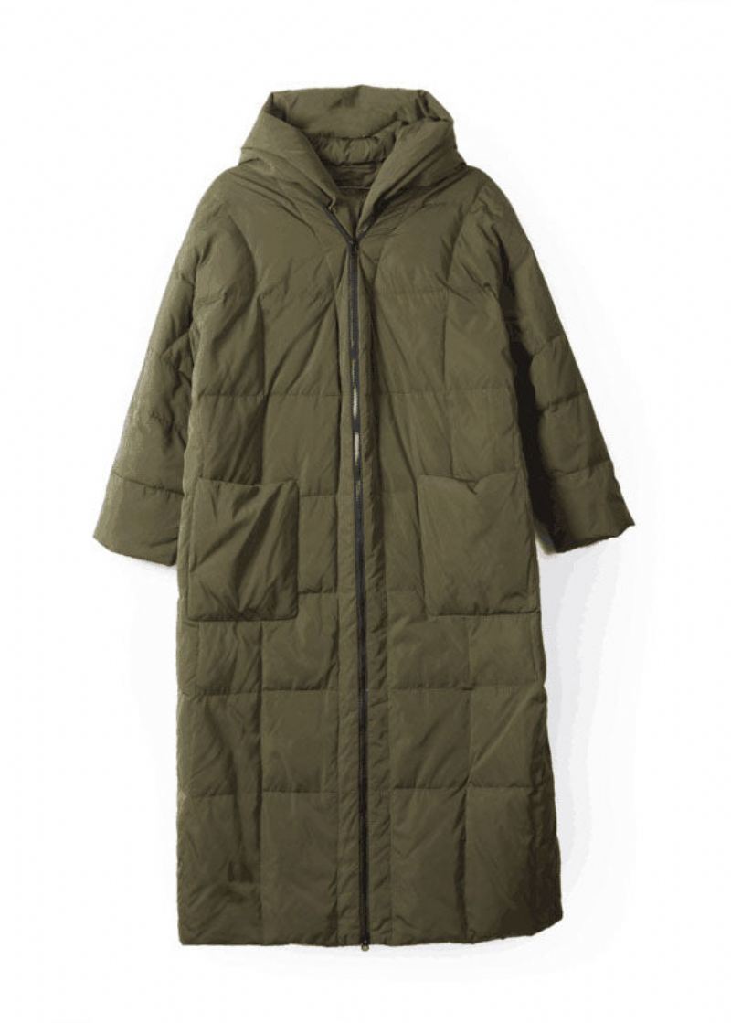 Boutique Army Green Hette Lommer Med Glidelås Duck Down Puffer Coat Vinter - Dunjakker for kvinner