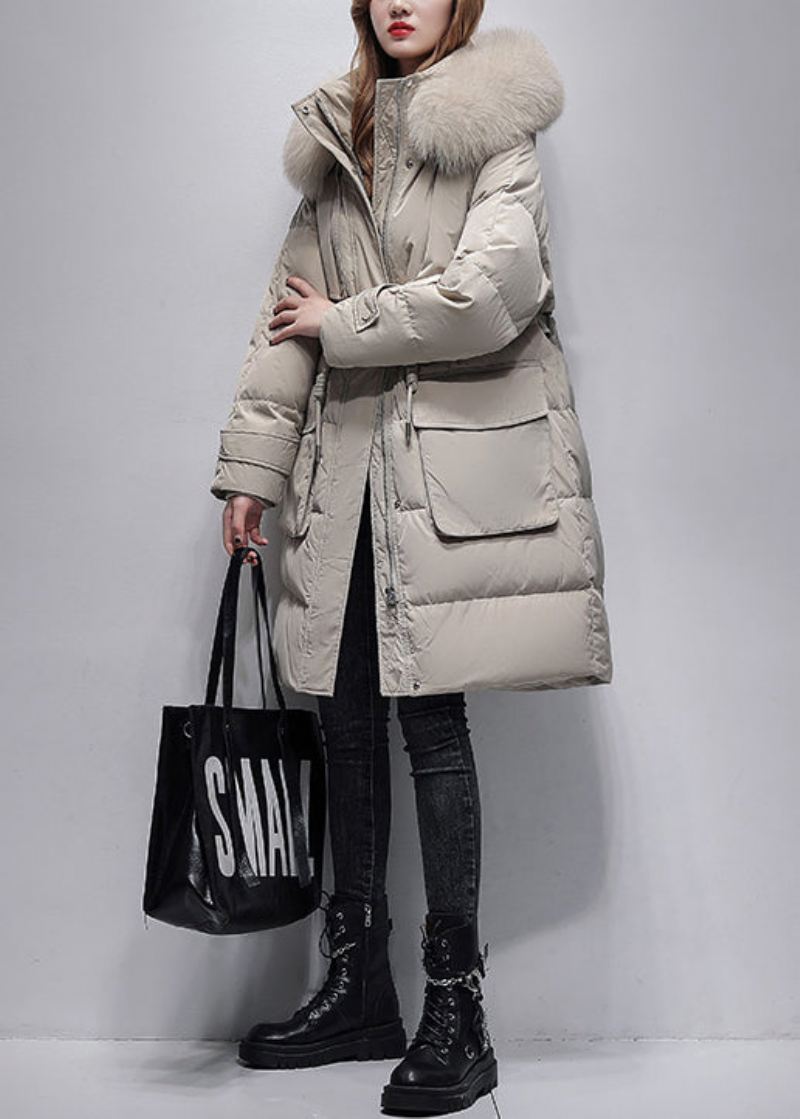 Boutique Beige Pelskrage Hette Snøring Duck Down Coat Vinter