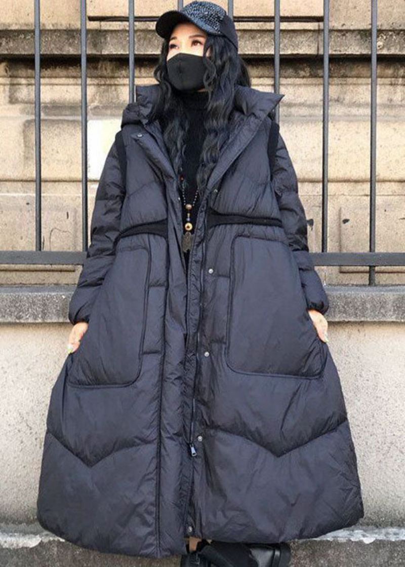 Boutique Svart Stativ Krage Hette Snøring Lommer Duck Down Cinch Coats Vinter