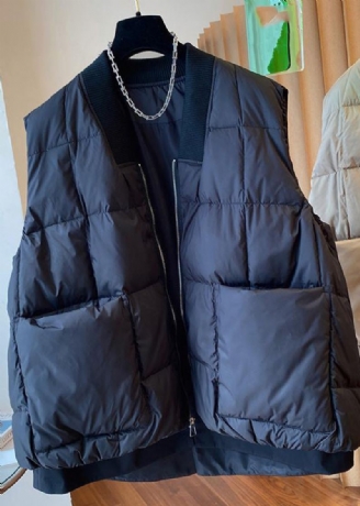 Boutique Svart V-hals Glidelås Patchwork Duck Down Vest Ermeløs