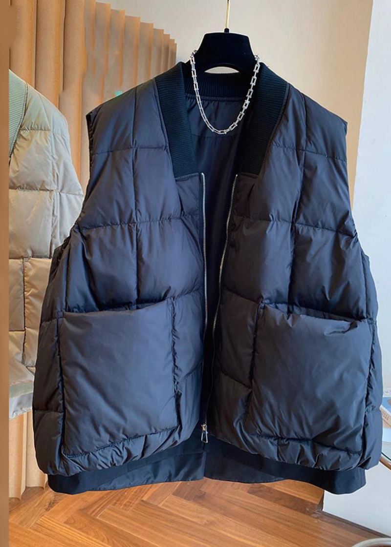 Boutique Svart V-hals Glidelås Patchwork Duck Down Vest Ermeløs - Svart