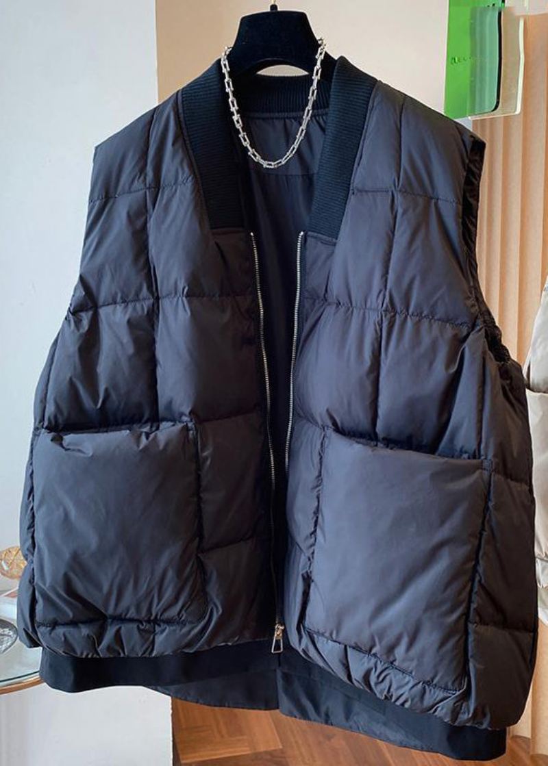 Boutique Svart V-hals Glidelås Patchwork Duck Down Vest Ermeløs - Svart