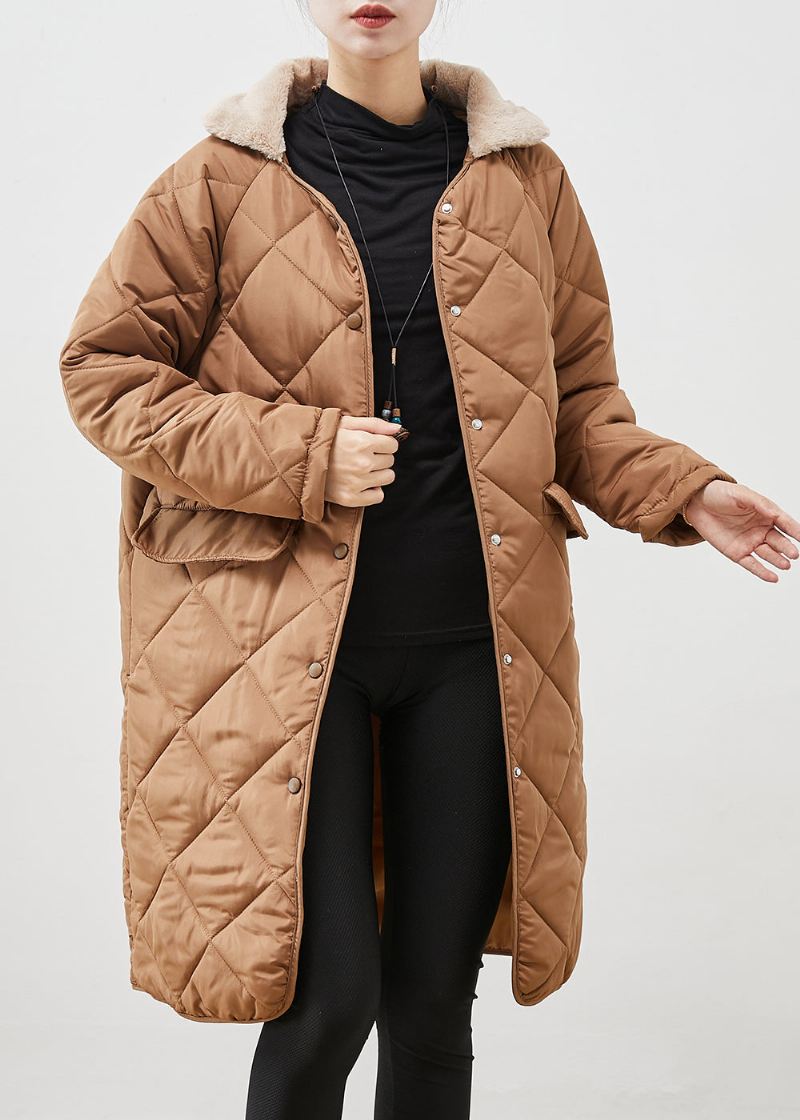 Brun Løs Duck Down Puffer Coat Pelskrage Lommer Vinter