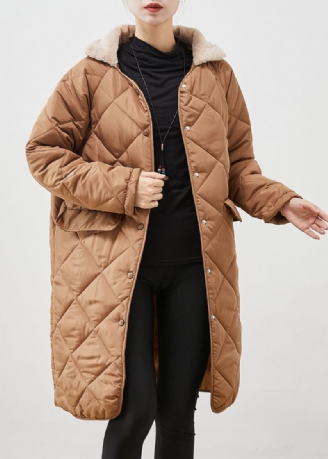 Brun Løs Duck Down Puffer Coat Pelskrage Lommer Vinter