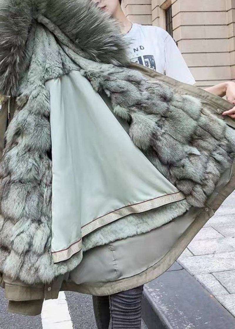 Casual Army Green Fox Kragelommer Snøring Patchwork Avtagbar Parka Winter - Dunjakker for kvinner