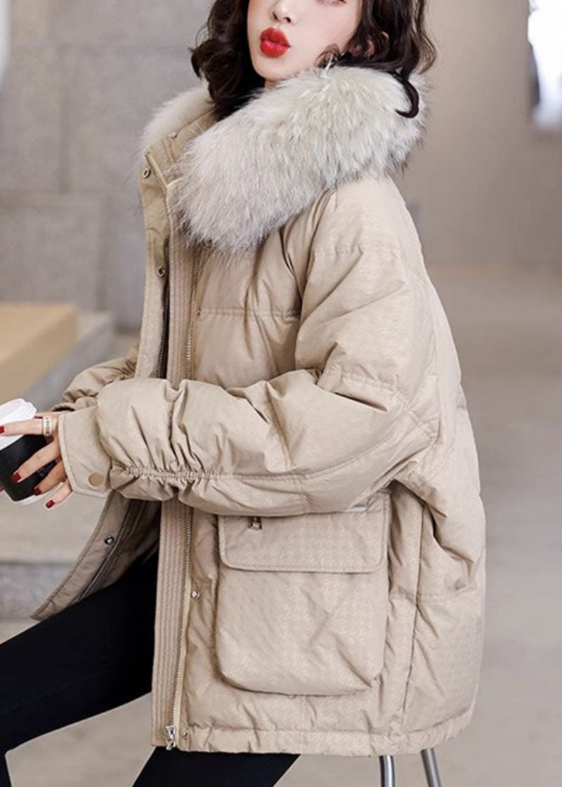 Casual Khaki Varme Lommer Fox Krage Duck Down Coats Vinter