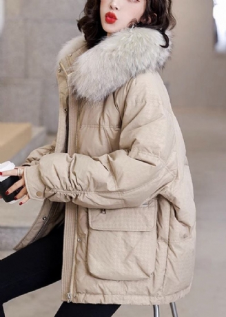 Casual Khaki Varme Lommer Fox Krage Duck Down Coats Vinter