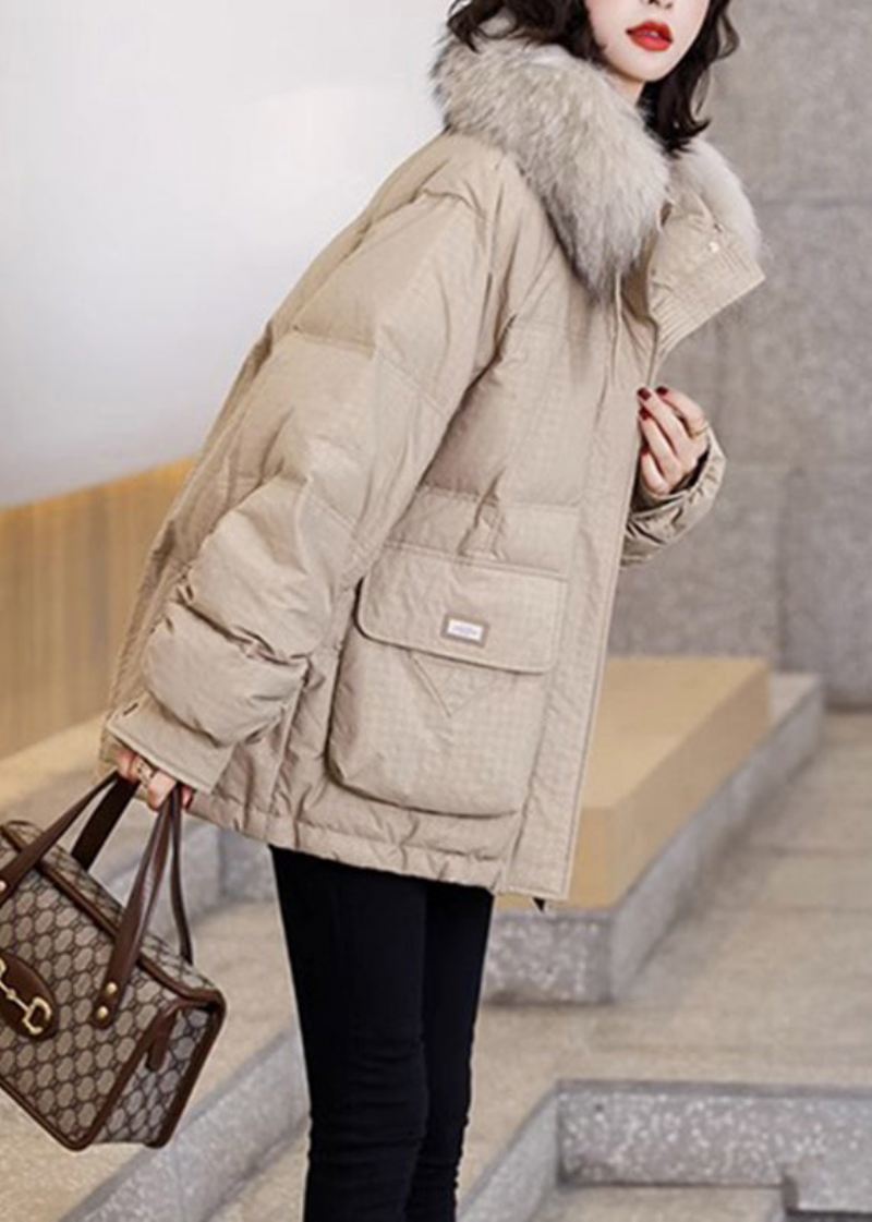 Casual Khaki Varme Lommer Fox Krage Duck Down Coats Vinter - Dunjakker for kvinner