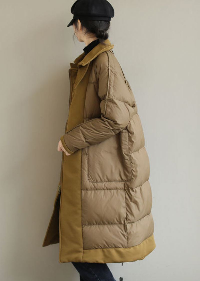 Chic Khaki Peter Pan Krage Patchwork Duck Down Puffer Coat Vinter - Khaki