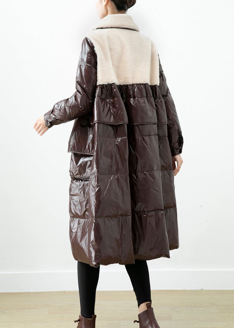 Chocolate Patchwork Mink Velvet Duck Down Coat Oversized Winter - Dunjakker for kvinner