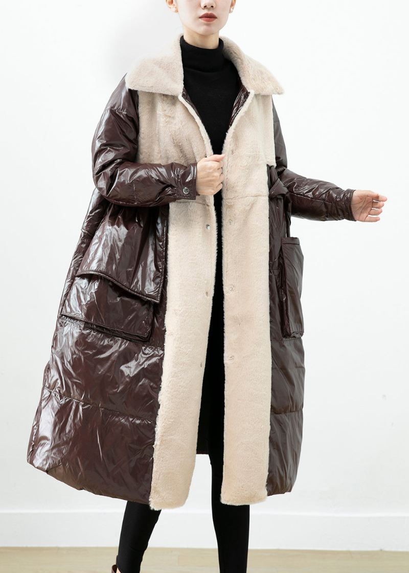 Chocolate Patchwork Mink Velvet Duck Down Coat Oversized Winter - Dunjakker for kvinner