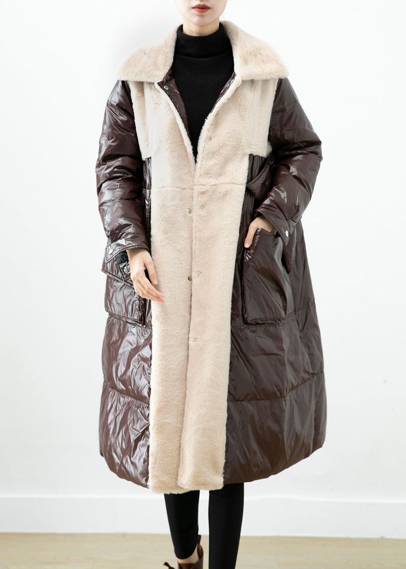 Chocolate Patchwork Mink Velvet Duck Down Coat Oversized Winter - Dunjakker for kvinner