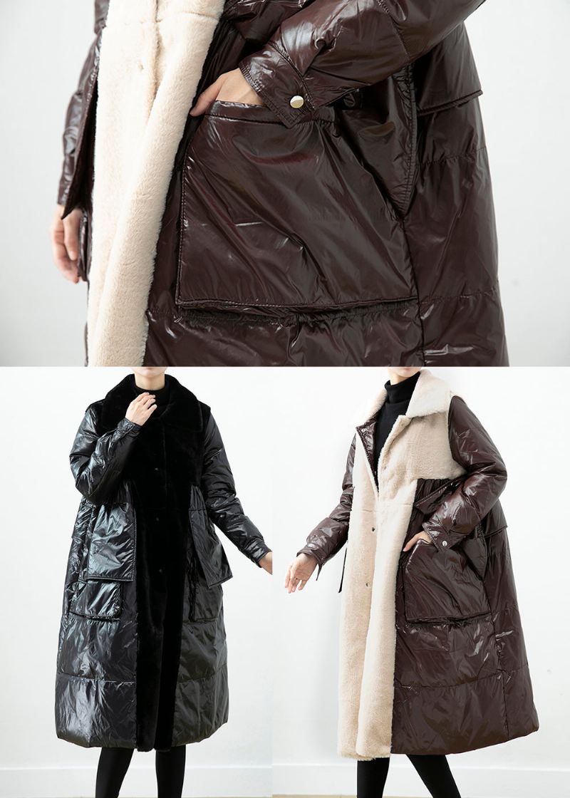 Chocolate Patchwork Mink Velvet Duck Down Coat Oversized Winter - Dunjakker for kvinner