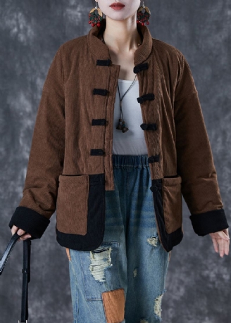 Coffee Patchwork Fin Bomullsfylt Parka Oversized Kinesisk Knapp Vinter