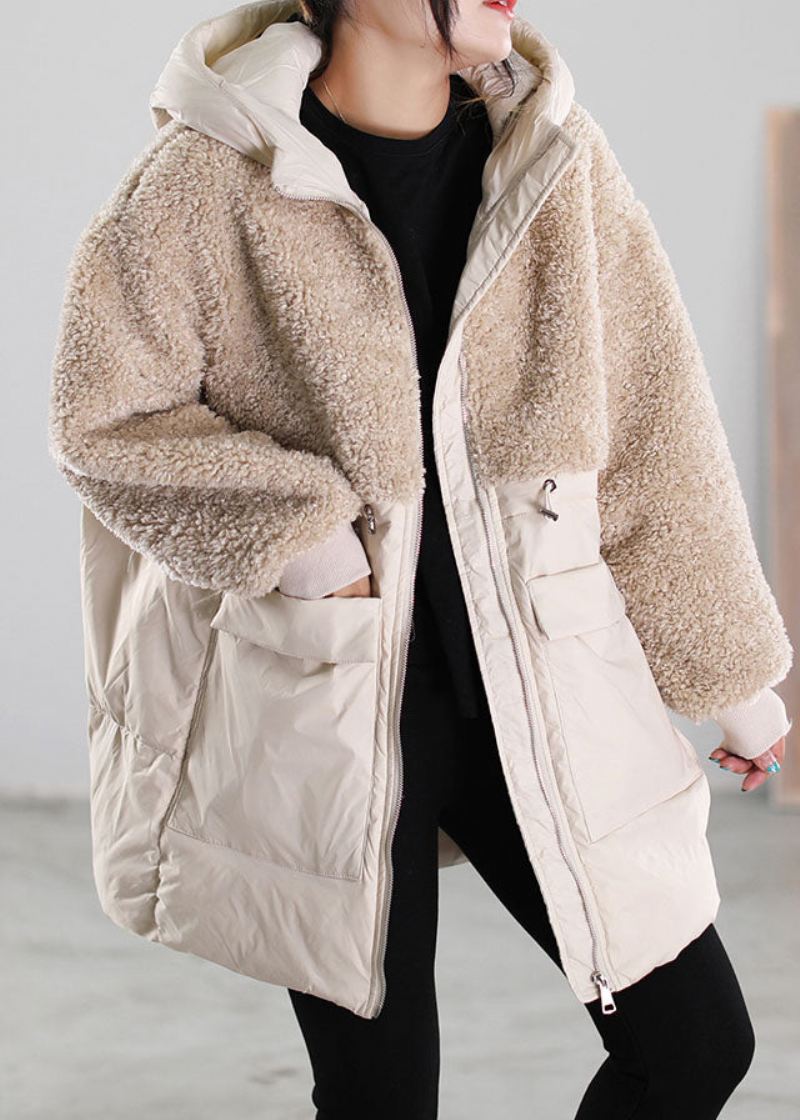 Dame Beige Zip Up Patchwork Faux Fur Dunfrakk Vinter