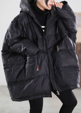 Dame Svart Hette Snøring Duck Down Jacket Winter