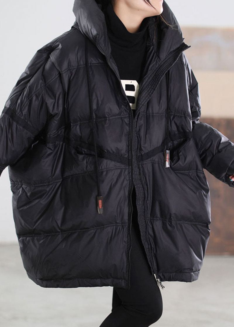 Dame Svart Hette Snøring Duck Down Jacket Winter - Dunjakker for kvinner