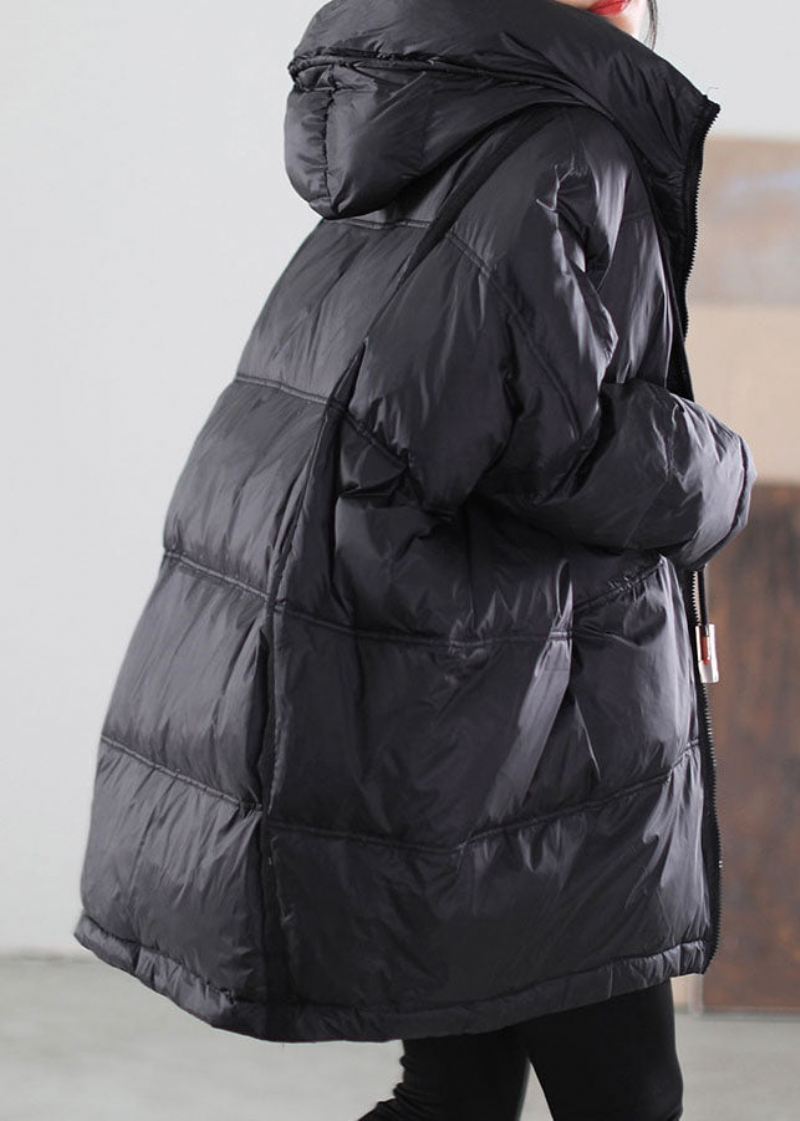 Dame Svart Hette Snøring Duck Down Jacket Winter - Dunjakker for kvinner