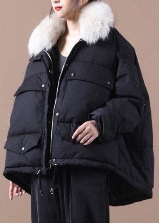 Dame Svart Varm Vinterfrakk Plus Size Parka Fuskepelskrage Snøring Elegante Kåper