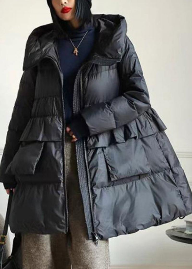 Diy Brun Hette Patchwork Ruffled Duck Down Puffer Coat Vinter - Dunjakker for kvinner