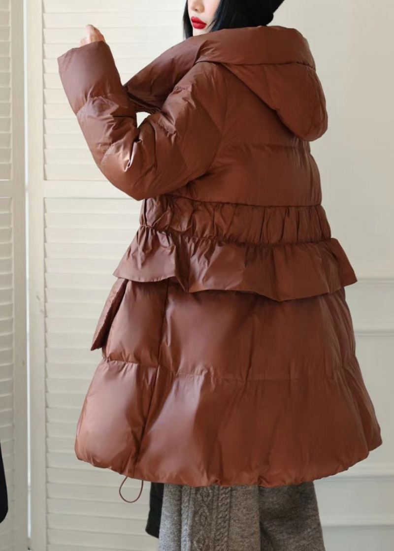 Diy Brun Hette Patchwork Ruffled Duck Down Puffer Coat Vinter - Dunjakker for kvinner