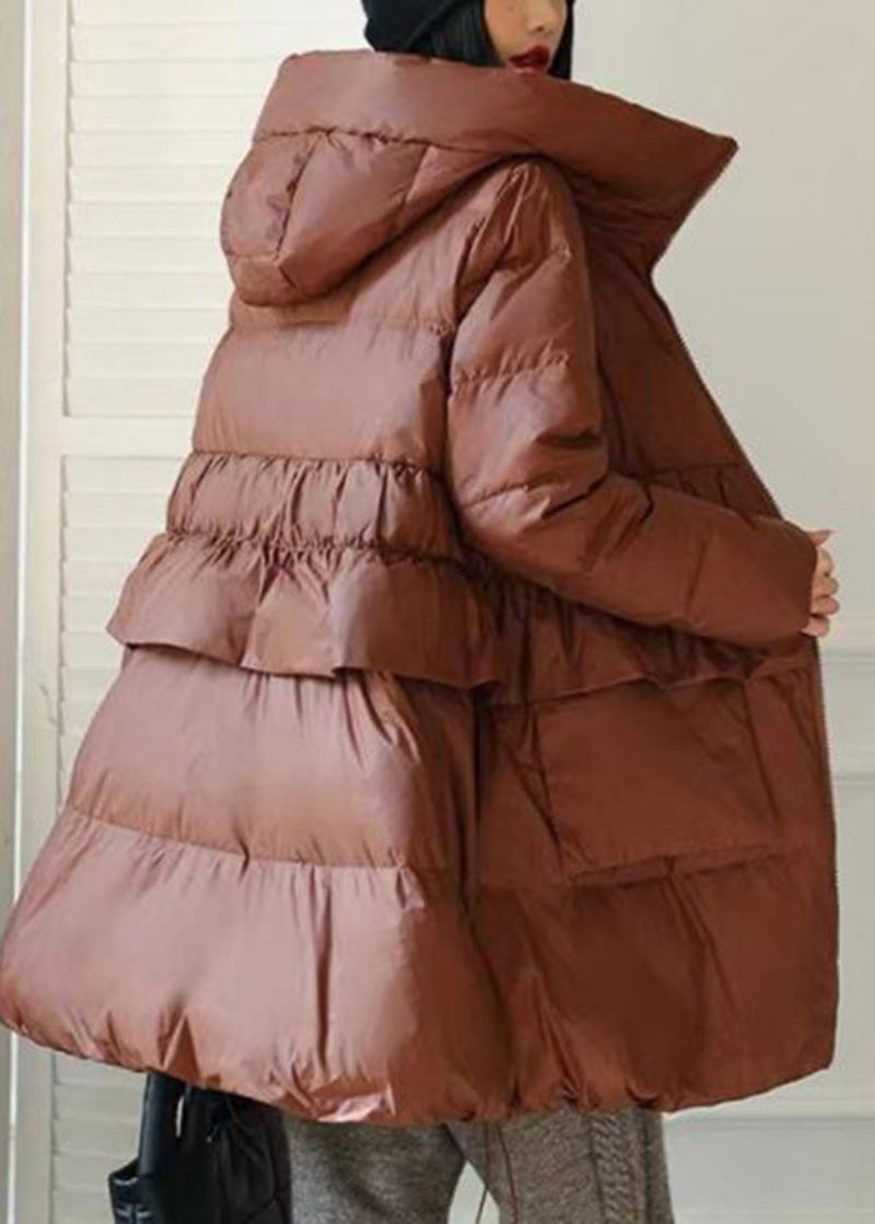 Diy Brun Hette Patchwork Ruffled Duck Down Puffer Coat Vinter - Dunjakker for kvinner