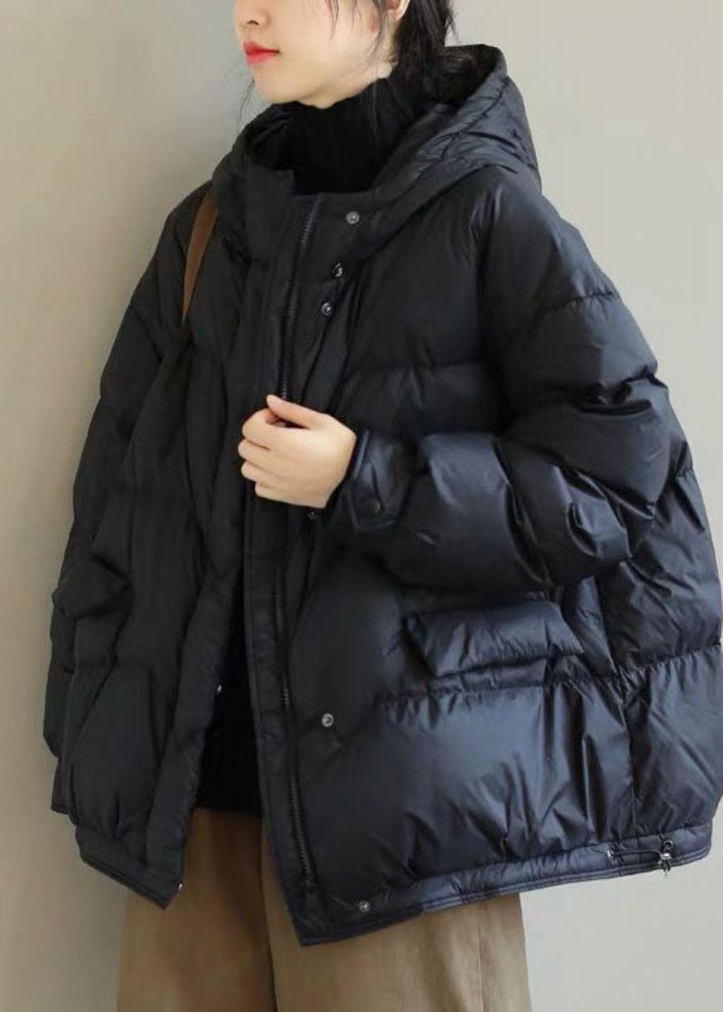 Diy Svart Hette Zip Up Drawstring Duck Down Coat Vinter