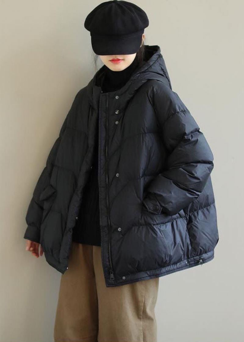 Diy Svart Hette Zip Up Drawstring Duck Down Coat Vinter - Svart