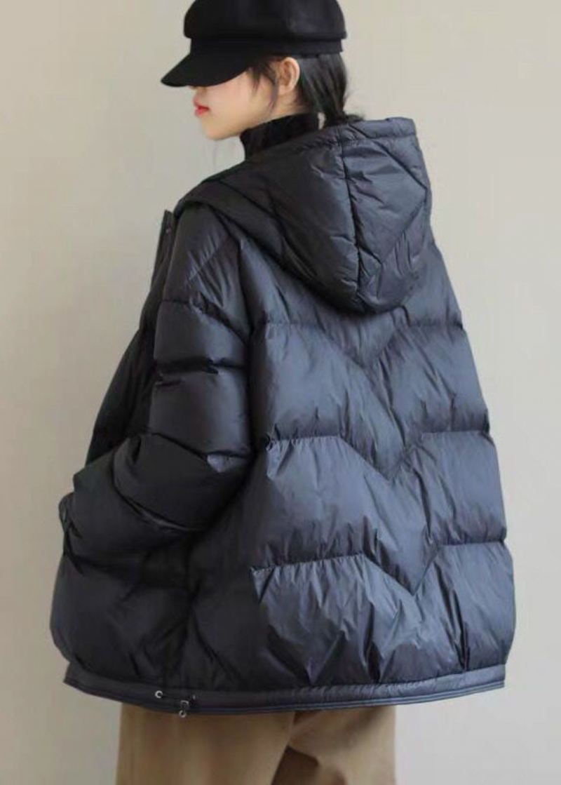 Diy Svart Hette Zip Up Drawstring Duck Down Coat Vinter - Svart