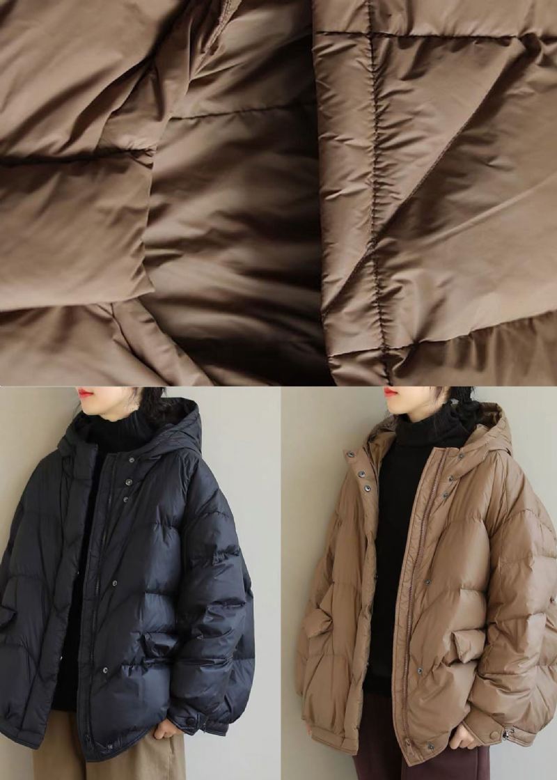 Diy Svart Hette Zip Up Drawstring Duck Down Coat Vinter - Svart