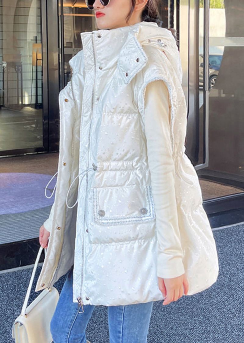 Elegant Beige Hette Snøring Patchwork Avtagbar Erme Duck Down Puffer Coat Vinter - Dunjakker for kvinner