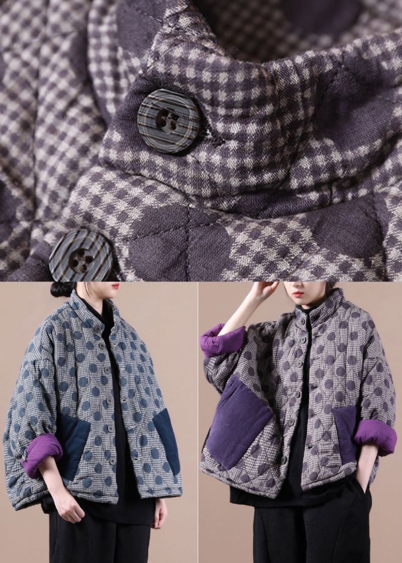 Elegant Blå Lommer Patchwork Dot Vinter Cotton Coat - Lilla