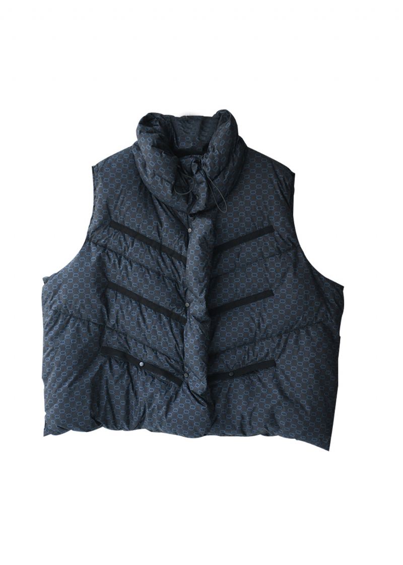 Elegant Blå Stativ Krage Snøring Print Button Duck Down Fylt Vest Vinter - Dunjakker for kvinner