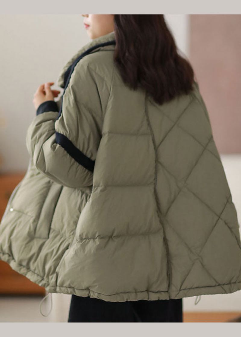 Elegant Grønn Zip-up Patchwork Andedun Pufferjakke Vinter - Dunjakker for kvinner