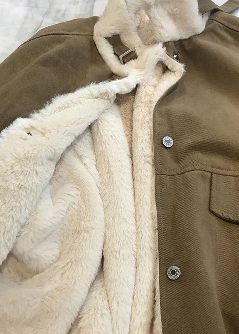 Elegant Khaki Dameparkas Løstsittende Varm Vinterfrakkstativ Krage Yttertøy Tykt - Khaki