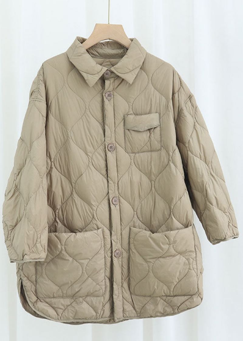 Elegant Khaki Peterpan Krage Lommer Knapp Vinter Duck Down Coat