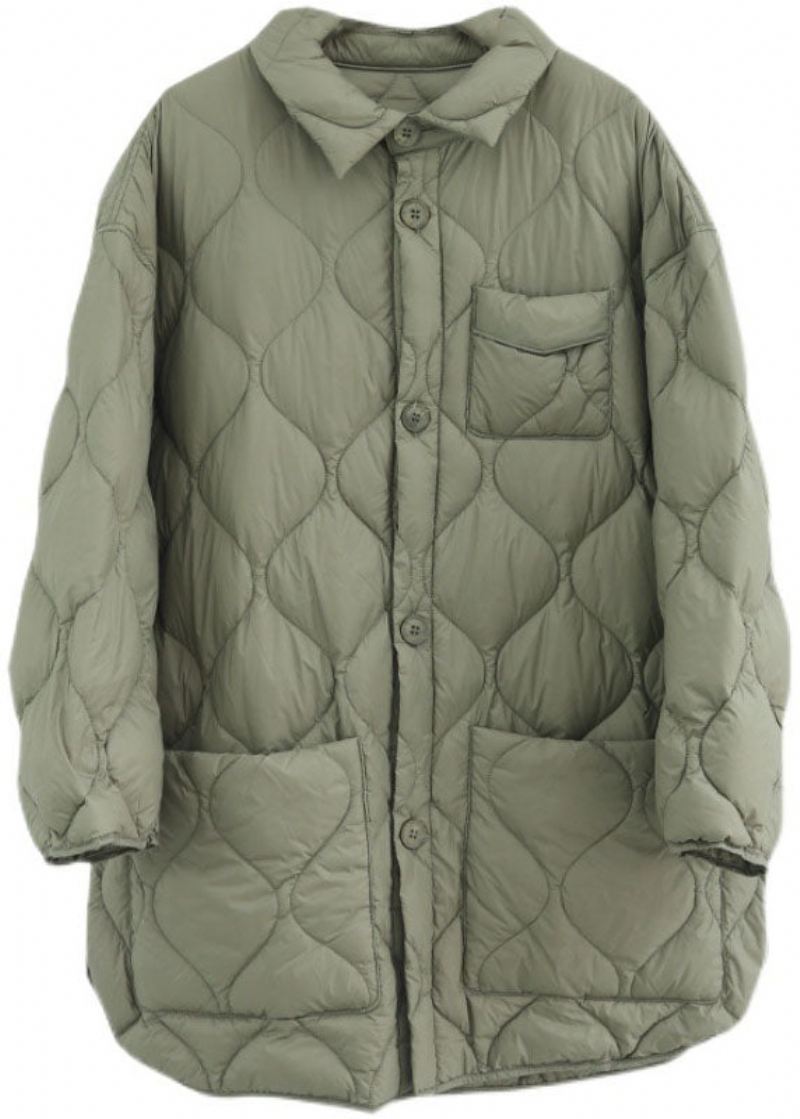 Elegant Khaki Peterpan Krage Lommer Knapp Vinter Duck Down Coat - Khaki