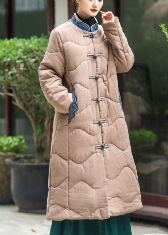 Elegant Khaki Stand Krage Brodert Forleng Fin Bomullsfylt Witner Coat