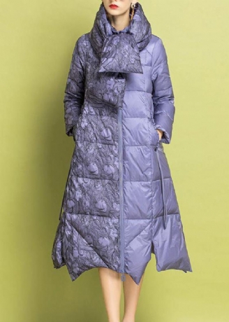 Elegant Lilla Brodert Asymmetrisk Design Fin Bomullsfylt Parkas Vinter