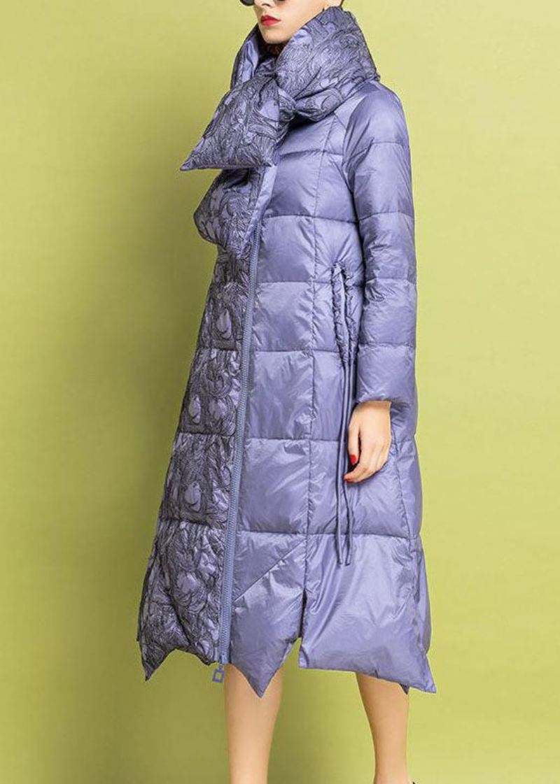 Elegant Lilla Brodert Asymmetrisk Design Fin Bomullsfylt Parkas Vinter - Dunjakker for kvinner