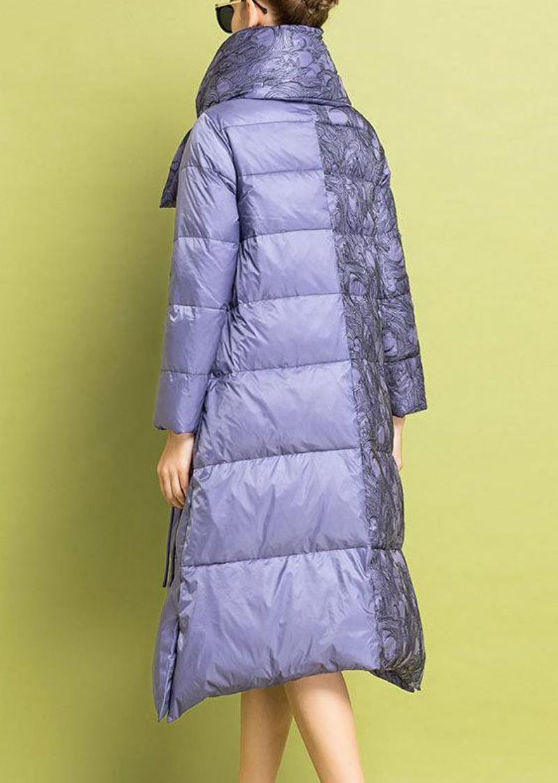 Elegant Lilla Brodert Asymmetrisk Design Fin Bomullsfylt Parkas Vinter - Dunjakker for kvinner